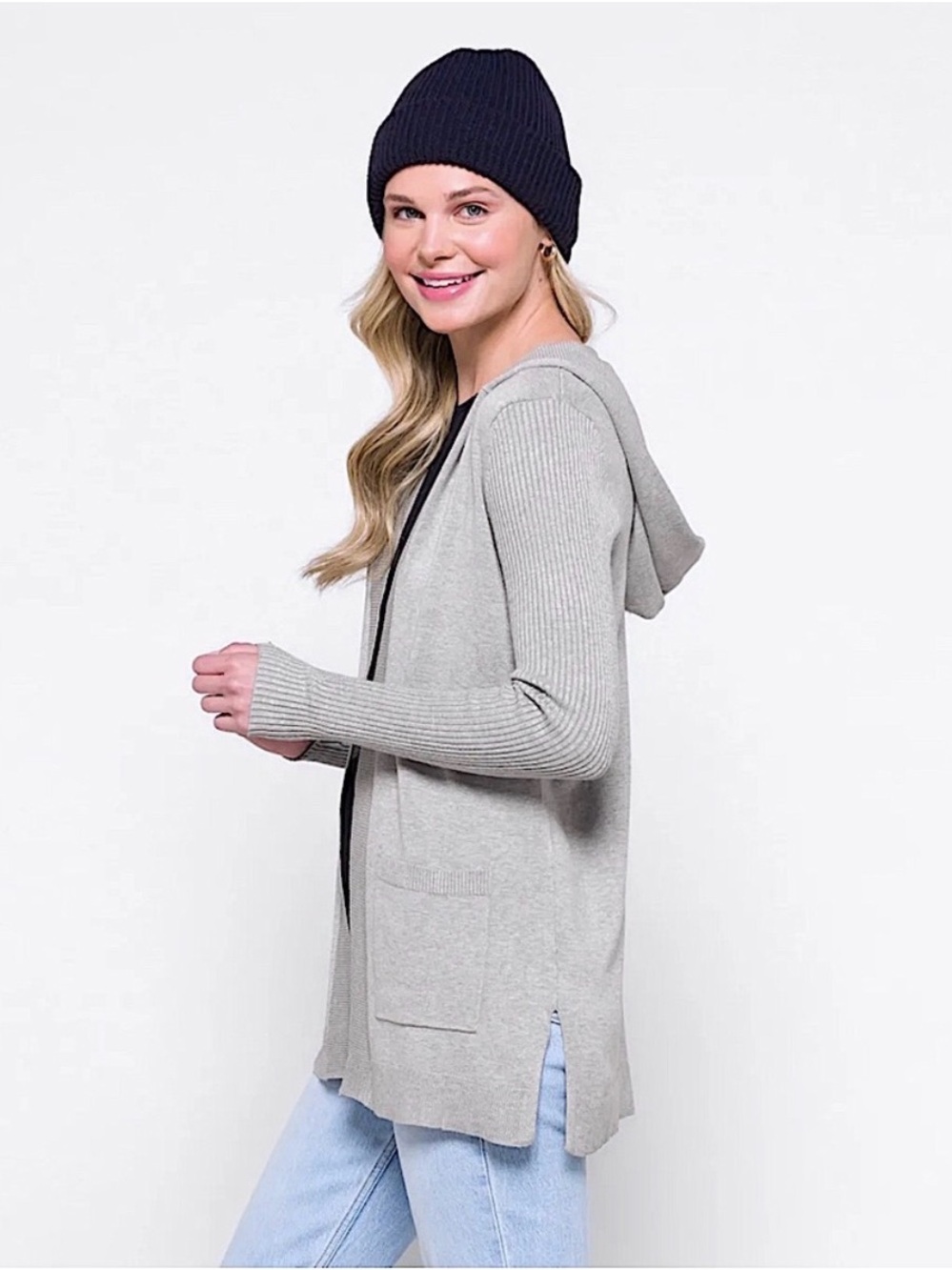 NEW Stitch Fix Lety & Me Adelie Hooded Rib Sleeve Cardigan Sweater Light Grey M